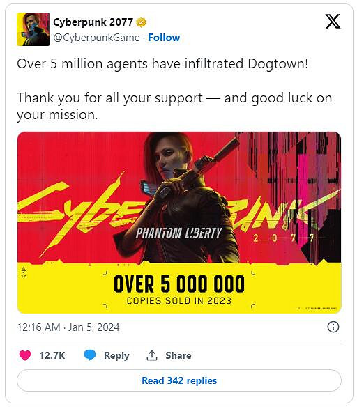 CDPR宣布《電馭叛客2077：往日之影》銷量突破500萬