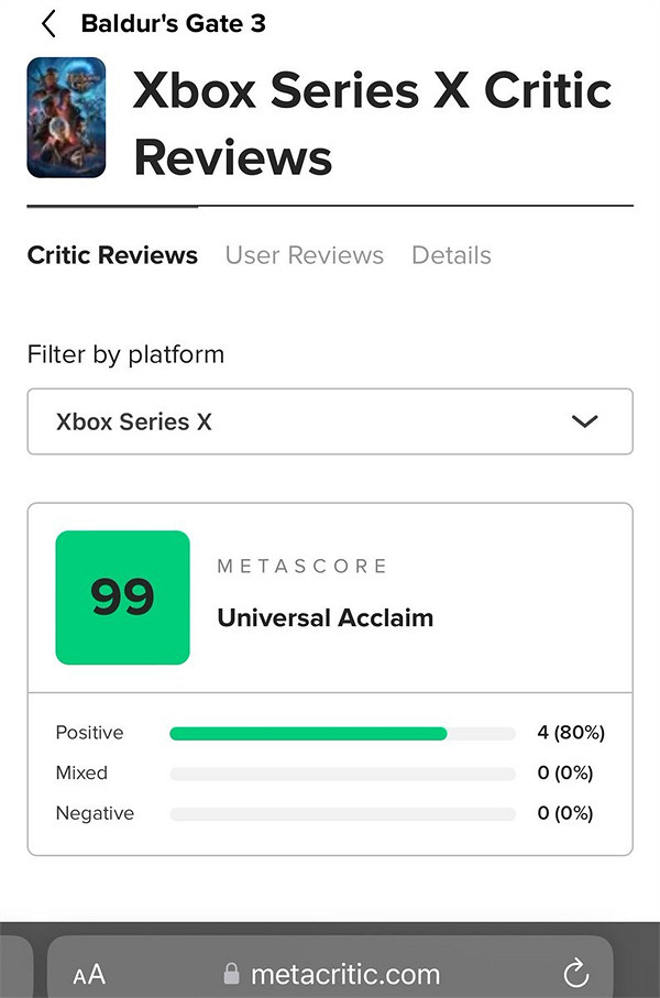 玩家曬Xbox版《博德3》M站99分:卻因僅4條評分被嘲 玩家曬Xbox版《博德3》M站99分:卻因僅4條評分被嘲