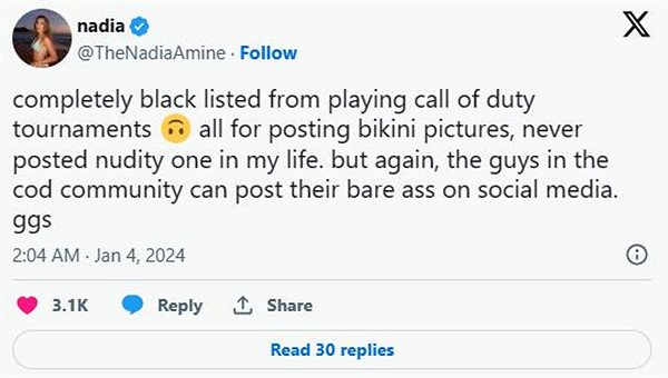 NADIA聲稱她因&quot;比基尼圖片&quot;而被列入COD活動黑名單