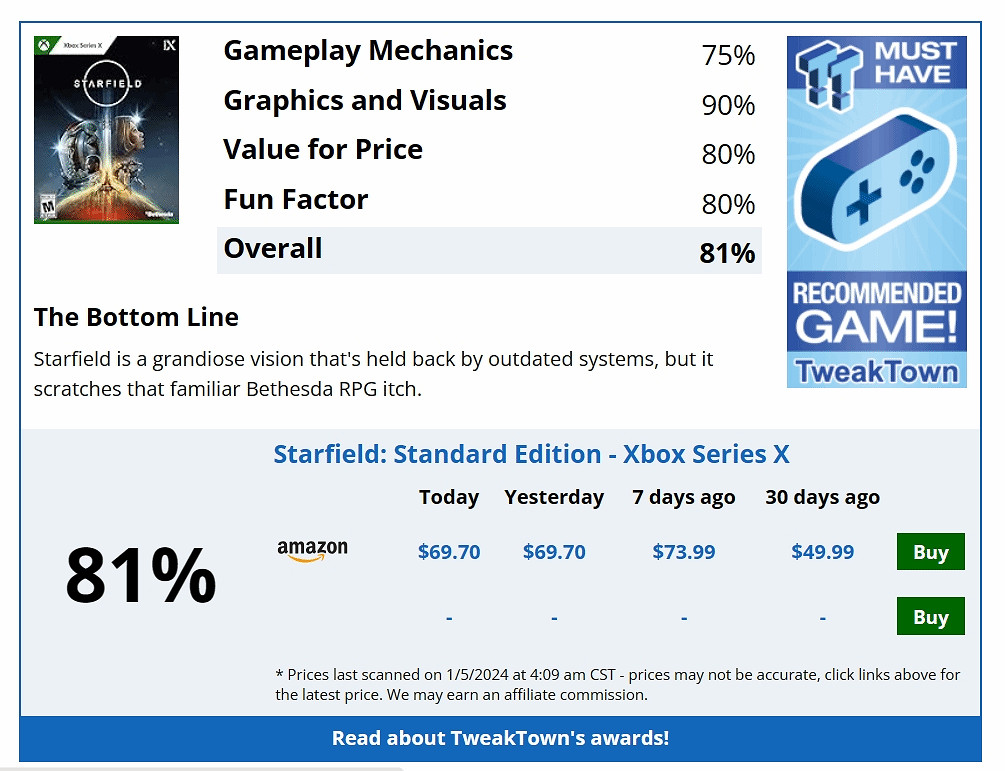 Tweaktown給《星空》打出高分：宏偉的願景 推薦購買