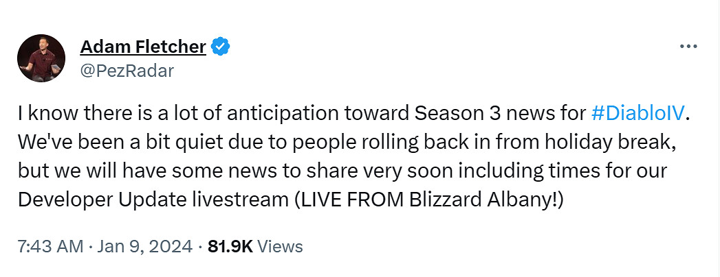 《暗黑4》官方知道玩家很期待第三賽季！直播已安排