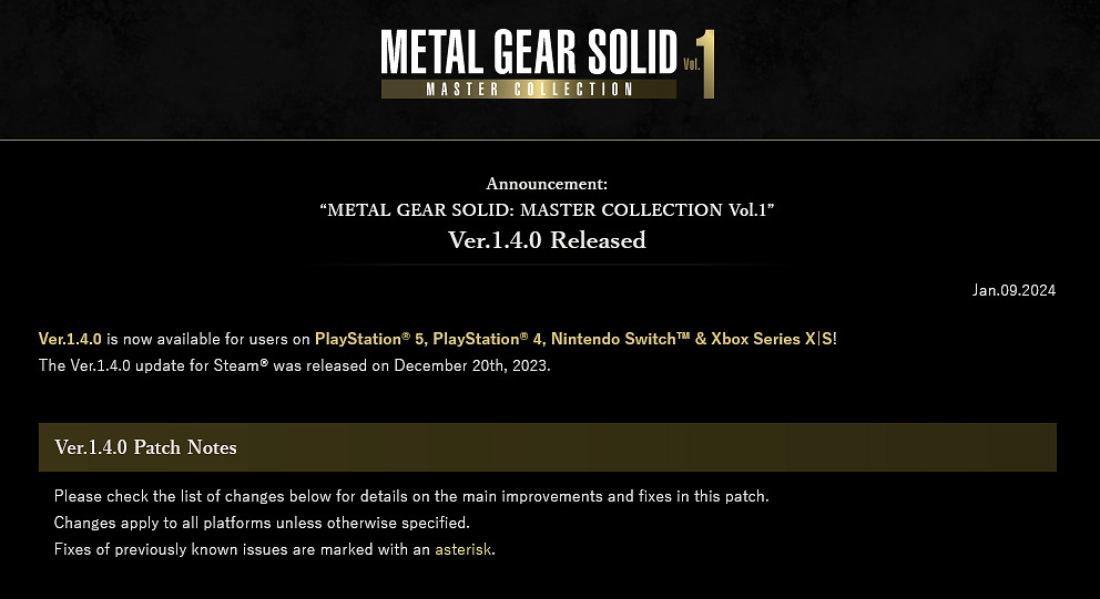 《潛龍諜影大師合集第一集》主機版v1.4.0更新發布！