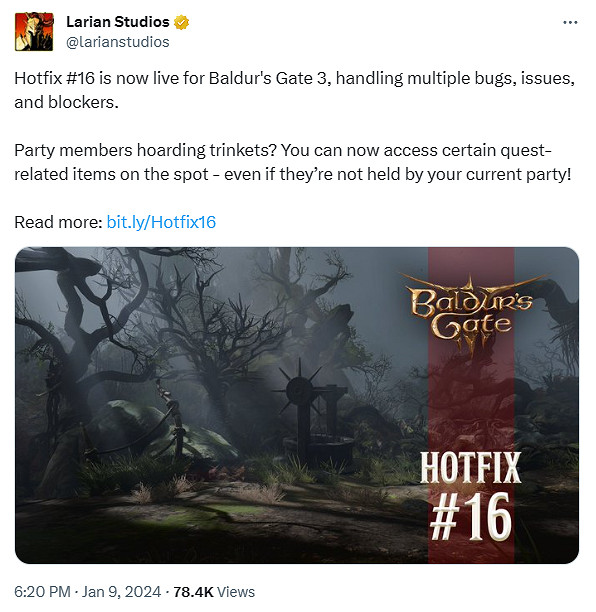 《柏德之門3》2024年第一個熱修更新檔上線 修復大量問題 《柏德之門3》2024年第一個熱修更新檔上線 修復大量問題