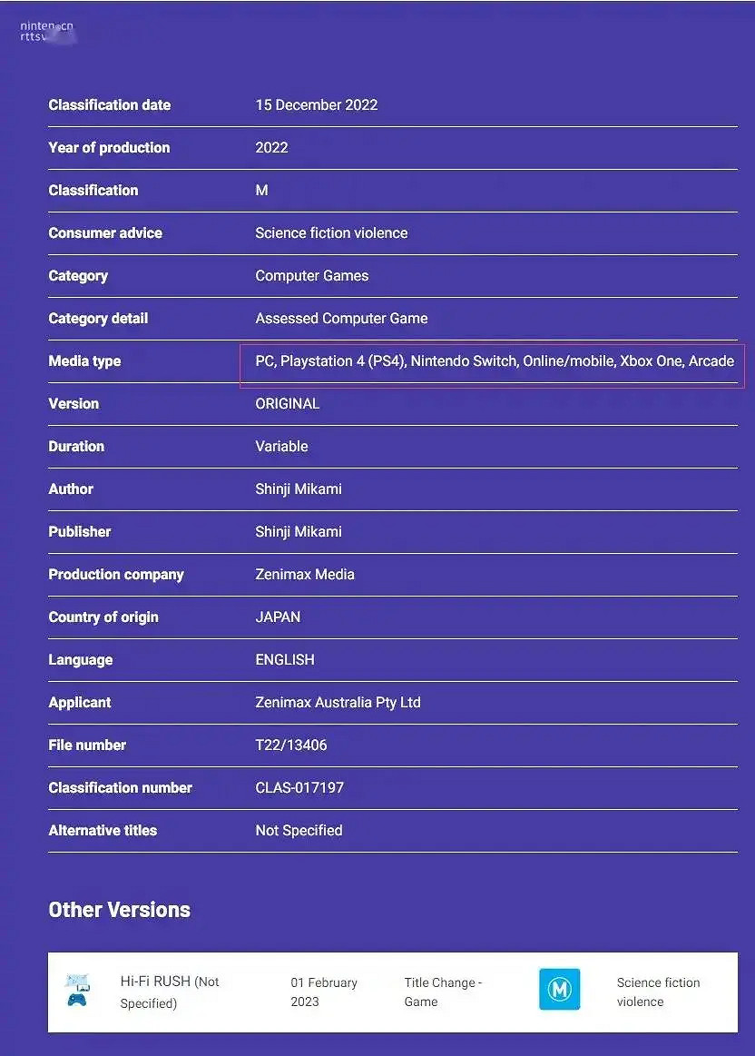Switch版《Hi-Fi Rush》上線澳大利亞評級網 19日或官宣 Switch版《Hi-Fi Rush》上線澳大利亞評級網 19日或官宣