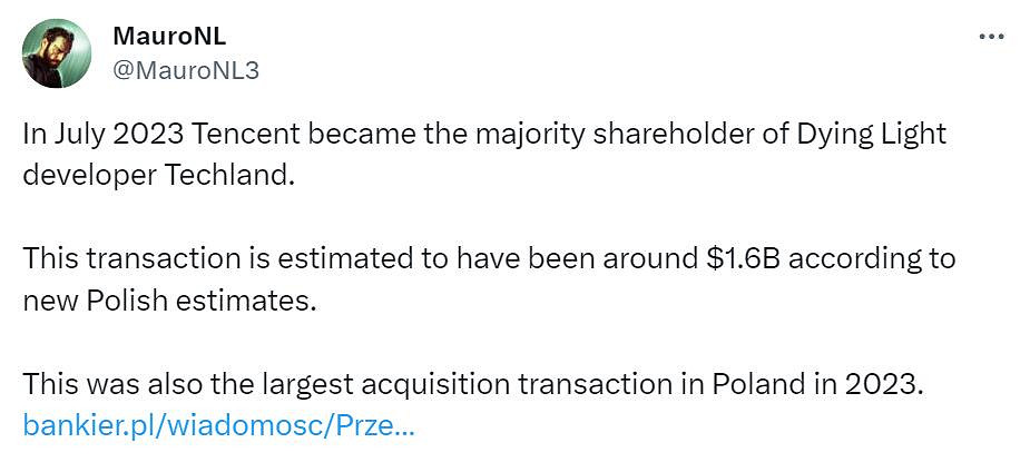 外媒曝騰訊成為Techland大股東交易金額高達16億美元