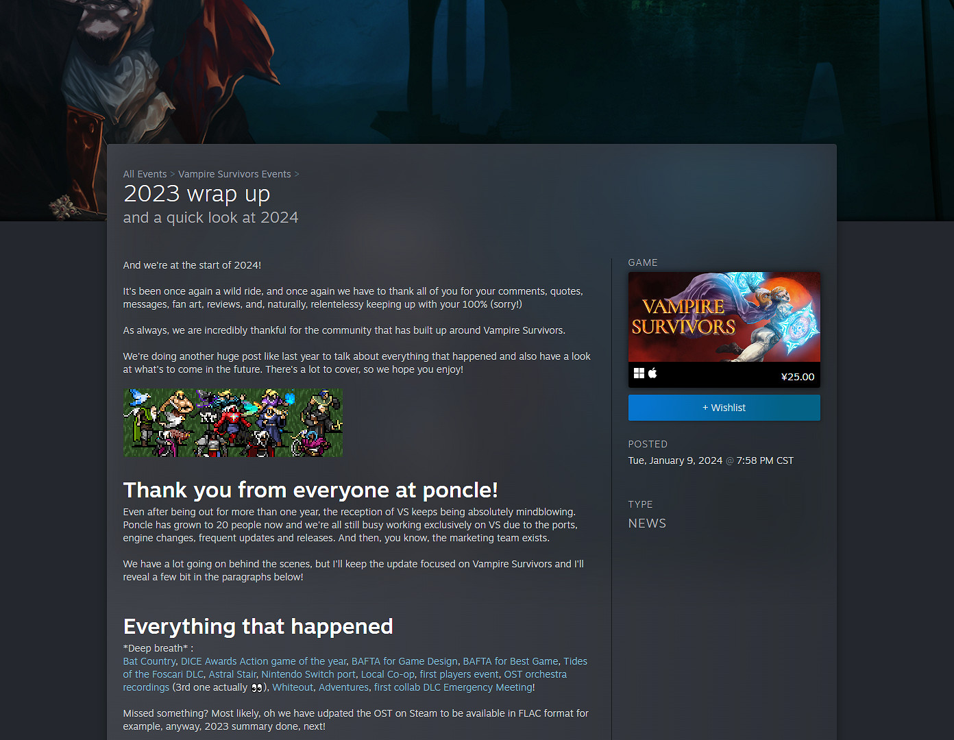 《吸血鬼倖存者》官方發布2023年度總結 線上合作模式仍在計劃中 《吸血鬼倖存者》官方發布2023年度總結 線上合作模式仍在計劃中