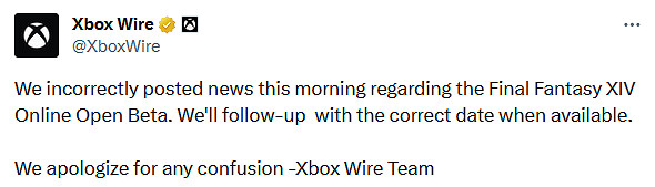 官方失誤發帖稱《最終幻想14》Xbox公開測試版上架