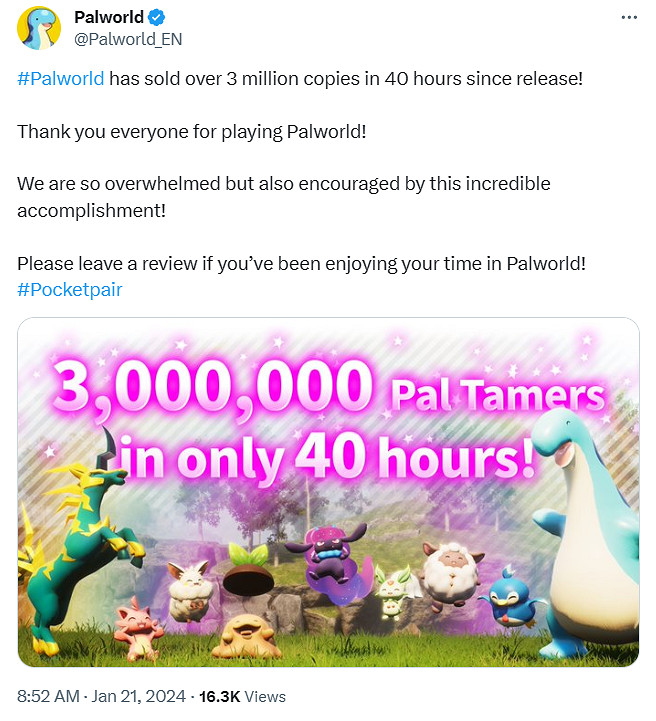 啊？《幻獸帕魯》官宣發售40小時銷量突破300萬份！