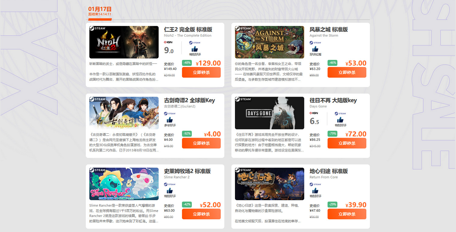 每周三限時閃促 《仁王2》《往日不再》破史低