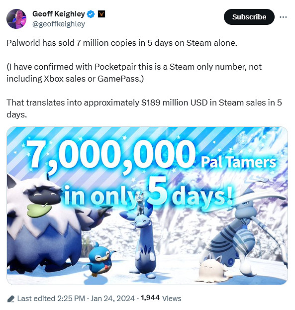 《幻獸帕魯》5天銷量破700萬!官方確認僅為Steam版 《幻獸帕魯》5天銷量破700萬!官方確認僅為Steam版