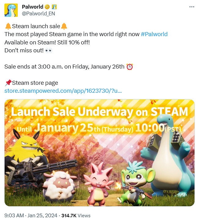 官方發文提醒《幻獸帕魯》首發優惠將在1月26日結束 官方發文提醒《幻獸帕魯》首發優惠將在1月26日結束