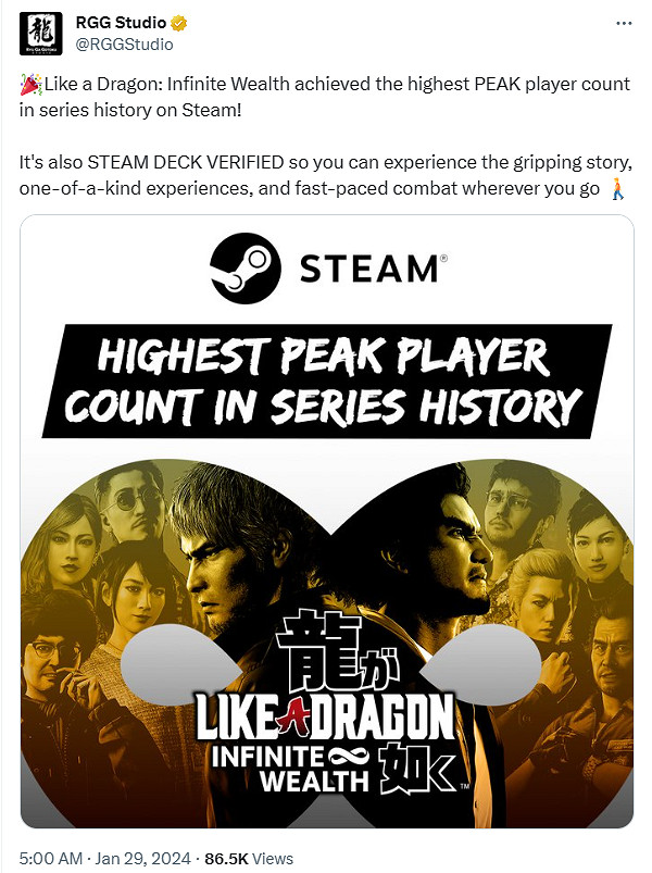 大成功!《人中之龍8》Steam線上玩家峰值成系列歷史之最 大成功!《人中之龍8》Steam線上玩家峰值成系列歷史之最