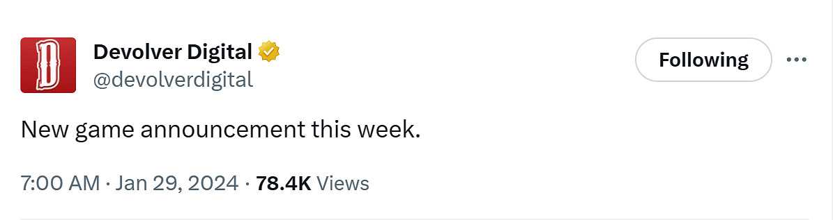 獨立遊戲發行商Devolver Digital宣布本周公布一款新作