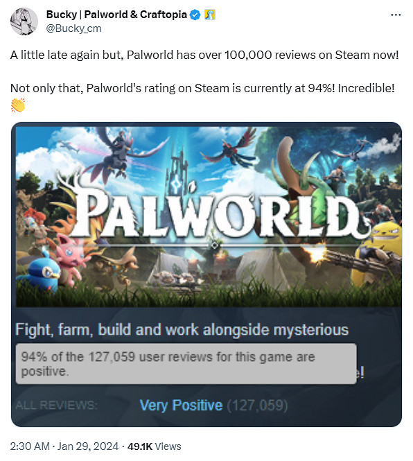 《幻獸帕魯》Steam好評率還在漲！僅差1%變好評如潮！