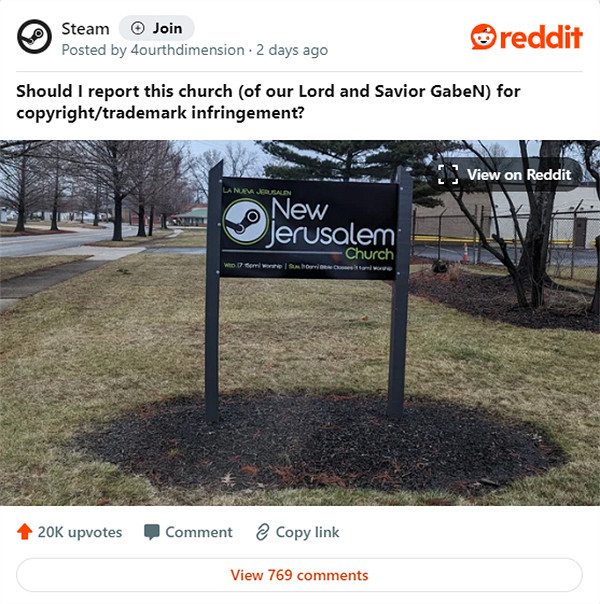 G胖將成為新耶路撒冷?教堂用Steam logo作為宣傳標誌