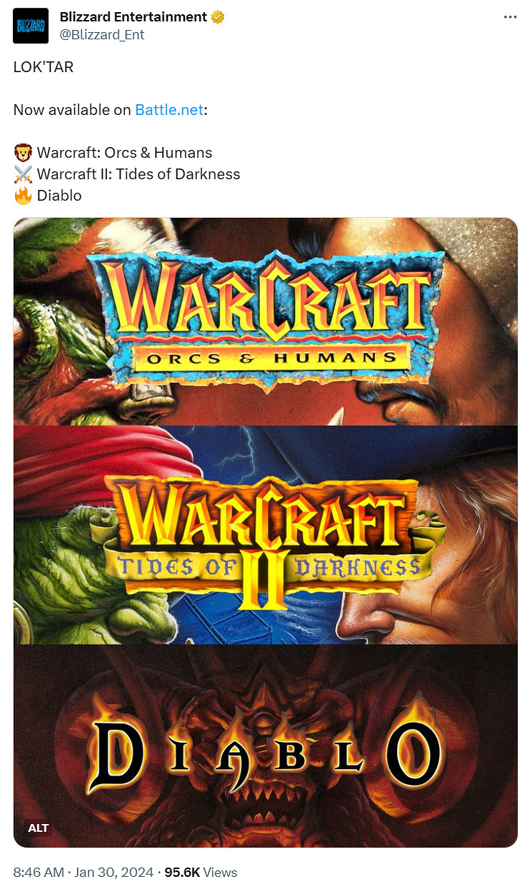 初代《暗黑》和《魔獸爭霸1》《魔獸爭霸2》上架戰網！