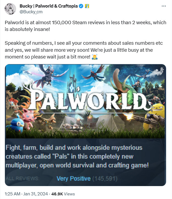 《幻獸帕魯》Steam評價數量超15萬！社區經理被震驚