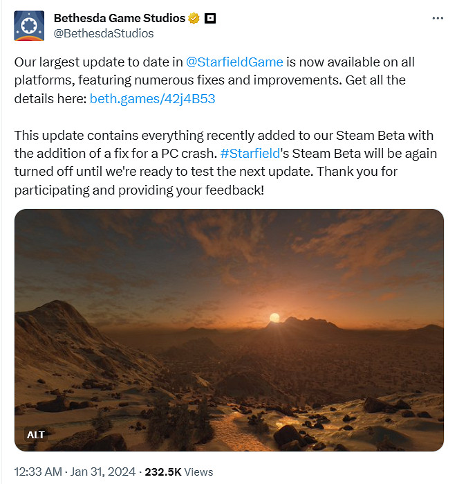 B社宣布《星空》“迄今為止最大更新”現已上線！