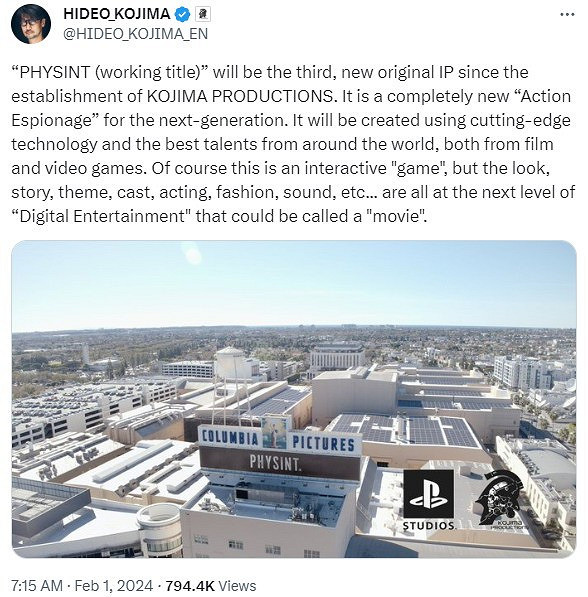 小島秀夫動作新作《PHYSINT》將超越電影和遊戲之間障礙