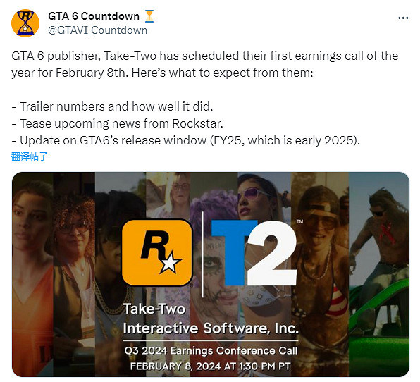 《GTA6》發行商將於2.8召開財報會議 將來有可能公布新消息