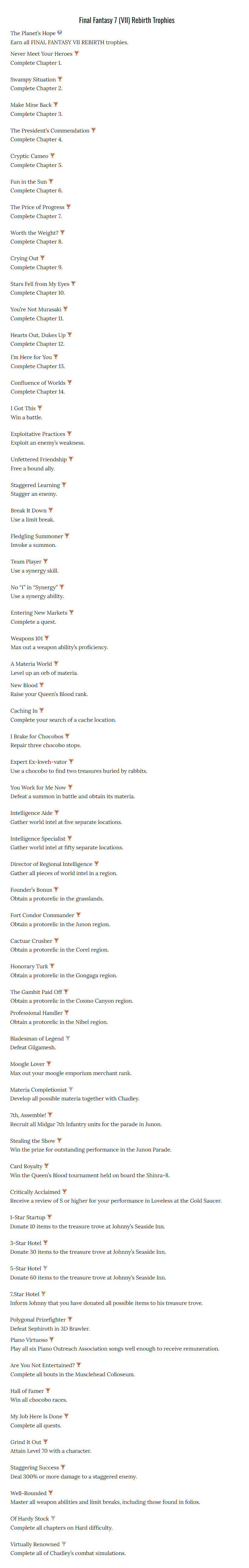 《最終幻想7:重生》獎杯列表公開!共有61個獎杯 《最終幻想7:重生》獎杯列表公開!共有61個獎杯