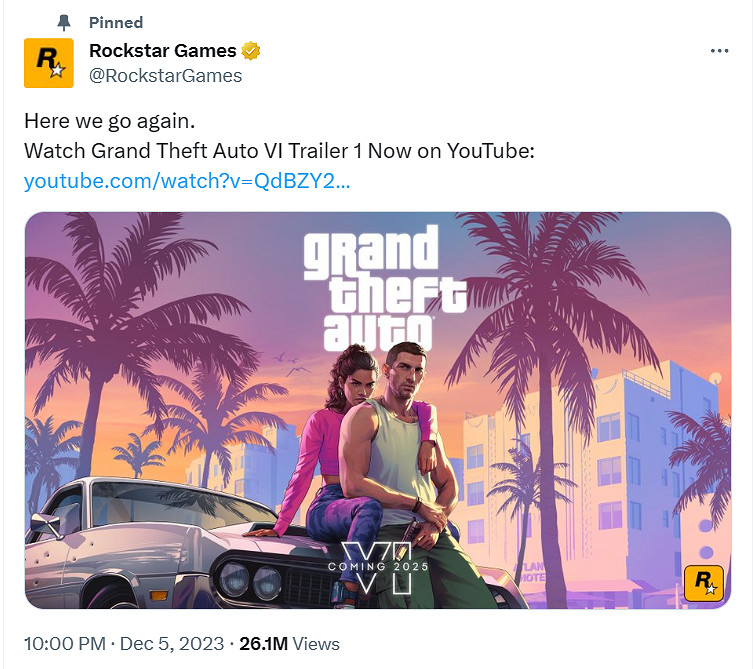 2個月前的今天玩家見證歷史 R星公布《GTA6》首個預告