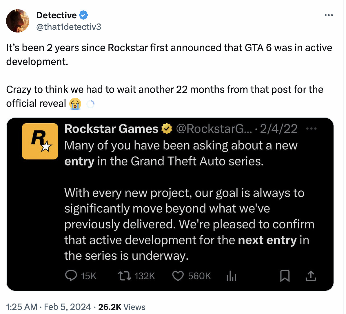 距R星官宣《GTA6》正開發已兩年 首支預告等了22個月