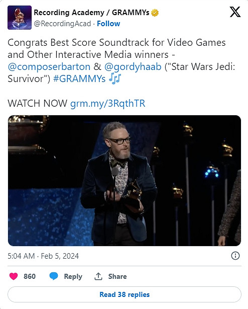 《星際大戰絕地：倖存者》擊敗《戰神5》獲格萊美獎