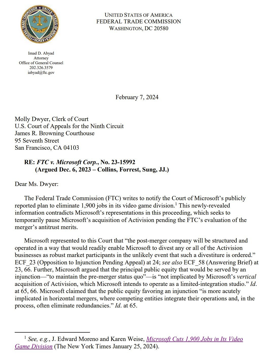 微軟裁員1900人被FTC上訴：此舉違背動暴獨立營運說辭