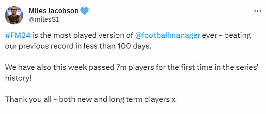 《足球經理2024》玩家數量突破700萬!成為該系列之最 《足球經理2024》玩家數量突破700萬!成為該系列之最