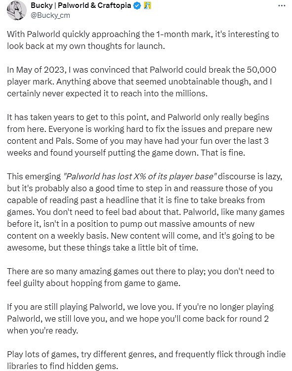 《幻獸帕魯》開發者對於玩家流失不擔心！聚焦新內容