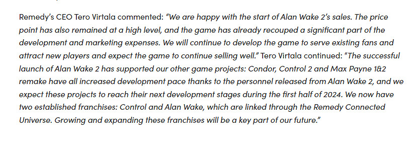 《禿鷹》《控制2》和《馬克思佩恩1+2RE》正加速開發