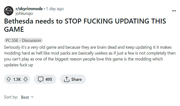 玩家懇求貝塞斯達停止發布《上古卷軸5》遊戲更新！