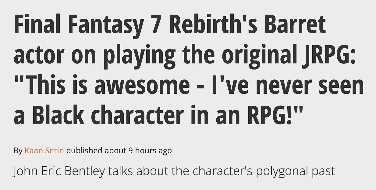 《FF7重生》巴雷特演員：遊戲中有黑人角色很驚喜！