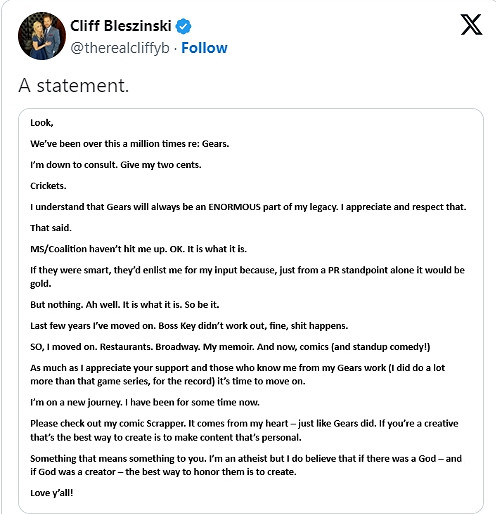 《戰爭機器》之父表示微軟聘請他為顧問會是明智之舉