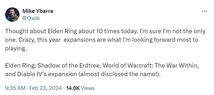 暴雪前總裁很期待《艾爾登法環》DLC：今天已經想了十次