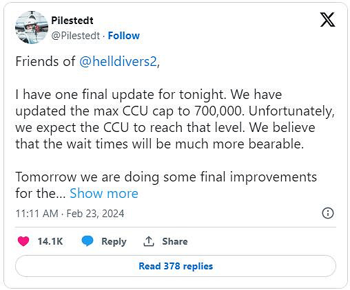 《絕地潛兵2》官方宣布伺服器人數上限已提升至70萬人 《絕地潛兵2》官方宣布伺服器人數上限已提升至70萬人