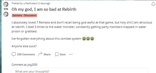 玩家吐槽《FF7重生》試玩版：太難了打不過