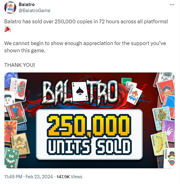 肉鴿卡牌遊戲《Balatro》發售72小時內銷量破25萬份