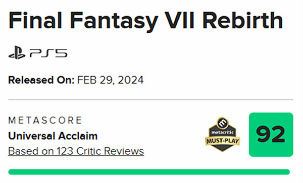 PS5獨占遊戲在M站稱霸:《FF7重生》為今年目前最高分 PS5獨占遊戲在M站稱霸:《FF7重生》為今年目前最高分