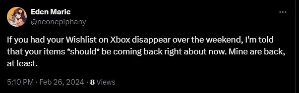 Xbox願望清單無故被清空的bug現在已經被修復了