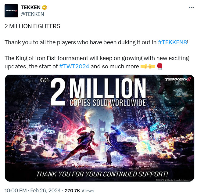 《鐵拳8》全球累計銷量突破200萬！官方發文致謝粉絲