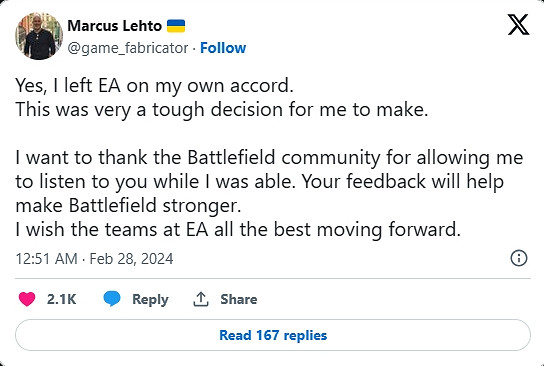 《戰地》前總監Marcus Lehto在推特上正式回應離職