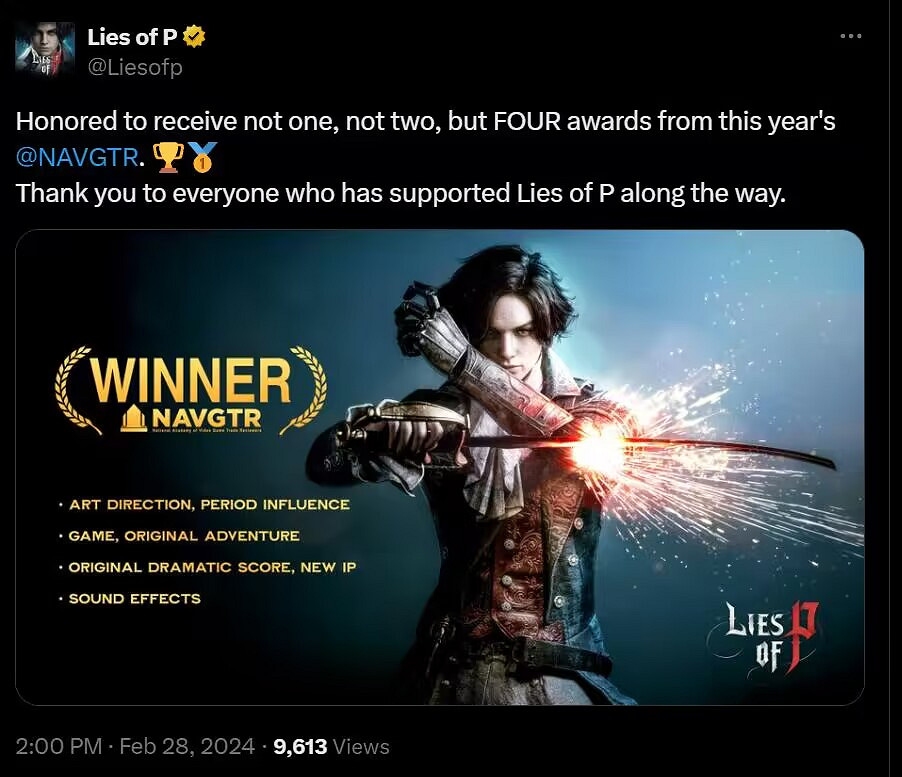 《P 的謊言》包攬NAVGTR四項大獎！