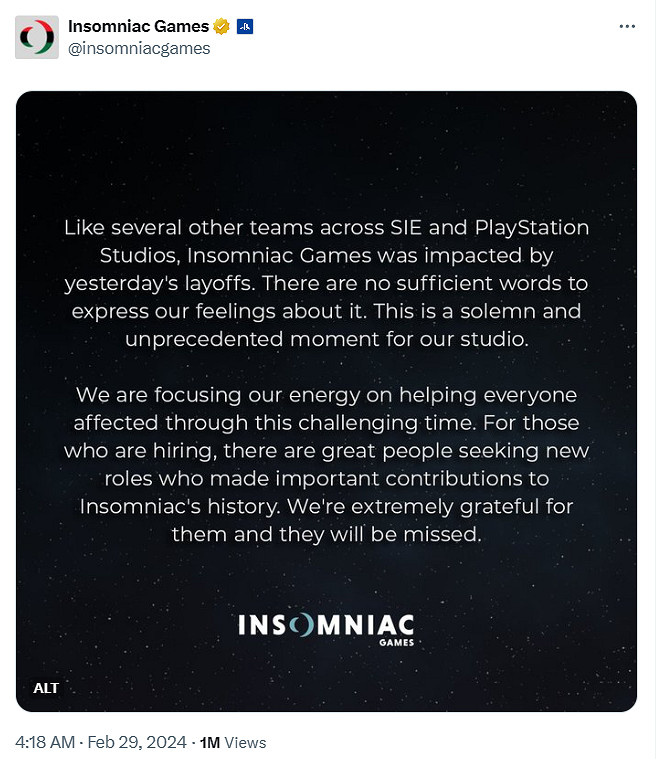 《漫威蜘蛛人》開發商失眠組發公告稱受SIE裁員影響 《漫威蜘蛛人》開發商失眠組發公告稱受SIE裁員影響