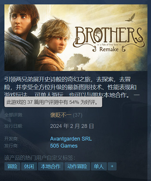 《兄弟：雙子傳說重製版》Steam褒貶不一 優化差沒字幕