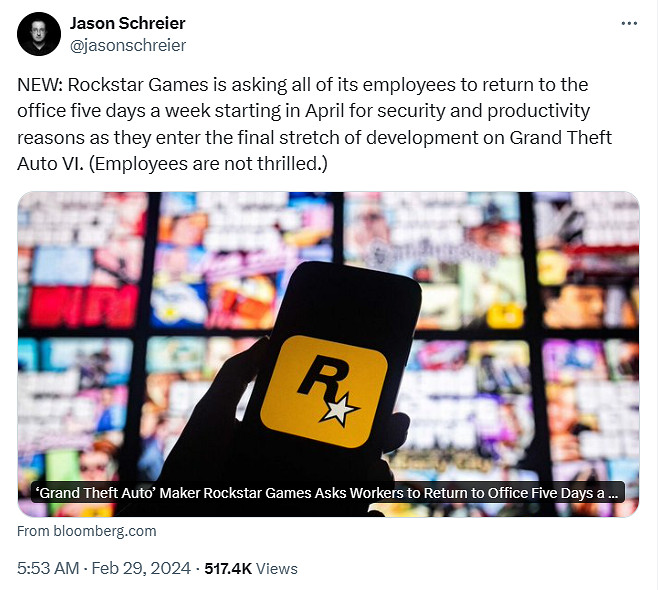 曝《GTA6》進入最後開發階段 R星讓員工一周回公司5天