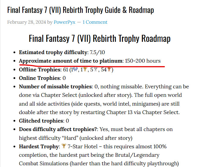 獎杯攻略站稱《最終幻想7：重生》白金需150~200小時