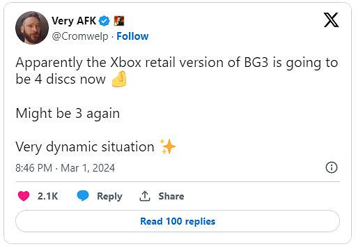 太瘋狂了!《柏德之門3》Xbox實體版遊戲需要3-4張光碟