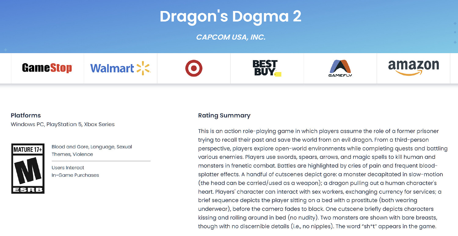 《龍之信條2》評級公開：17+含血腥語言性主題暴力等